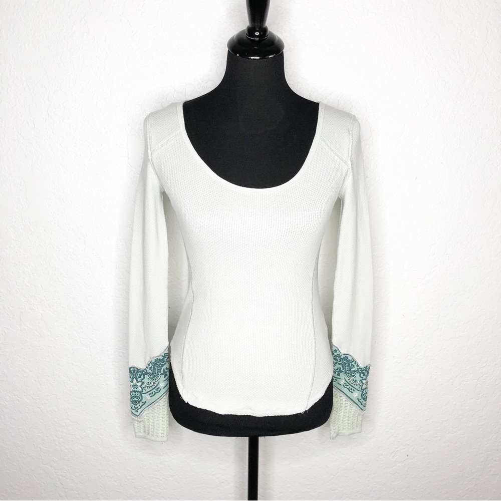 We the Free light blue green floral cuffs waffle thermal knit long sleeve top XS